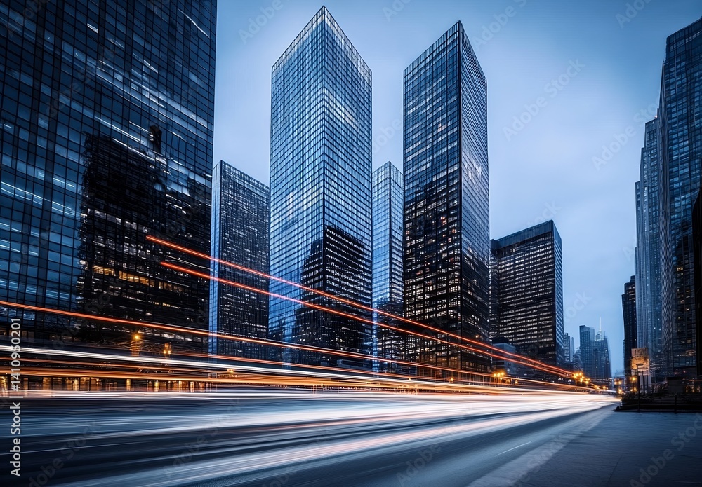 Fototapeta premium Long-Exposure Cityscape with Skyscrapers and Light Streaks of Cars