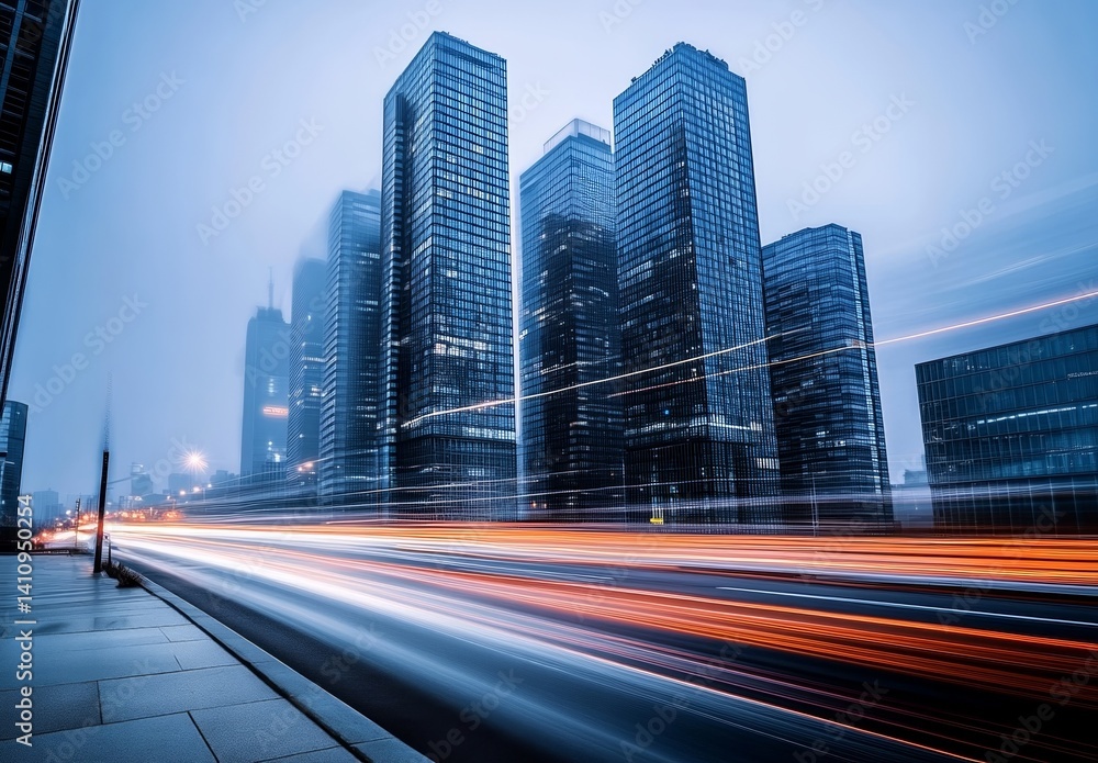 Fototapeta premium Long-Exposure Cityscape with Skyscrapers and Light Streaks of Cars
