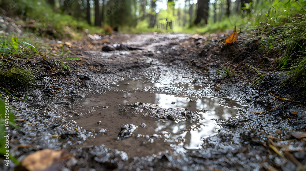 Fototapeta premium Muddy Forest Path With Puddle