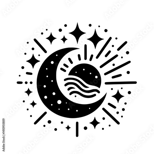 Celestial Emblem: Moon, Sun, Stars - Minimalist Vector Design