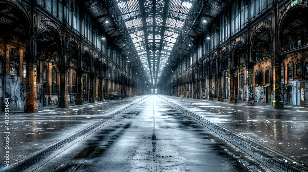 Urban Industrial Architectural Empty Hallway With Wet Floor Urban Industrial Architectural Empty Hallway With Wet Floor