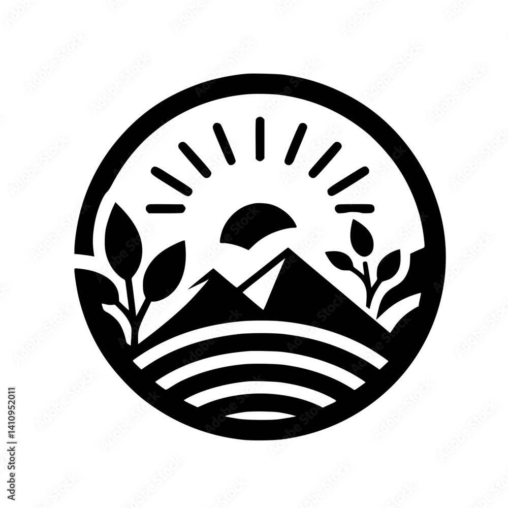 Obraz premium Minimalist Nature Emblem: Sunrise Over Mountains with Foliage - Vector Illustration