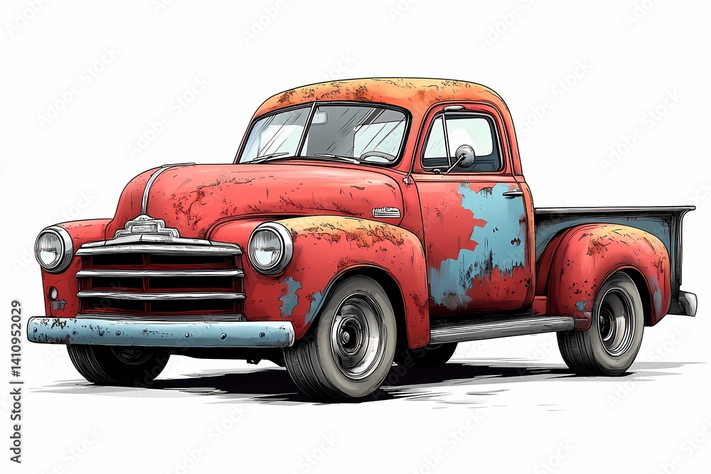 Fototapeta premium Classic Red Pickup Truck - Vintage Automobile with Distressed Finish & Rustic Design