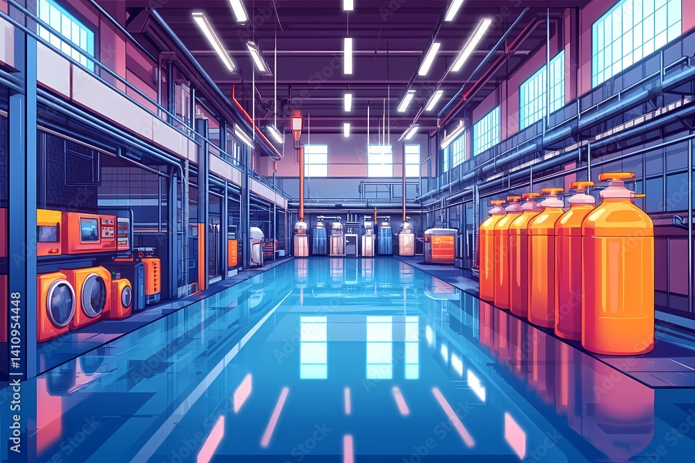 Fototapeta premium Modern Industrial Factory Interior. Vibrant Spaces with Advanced Equipment and Symmetrical Design