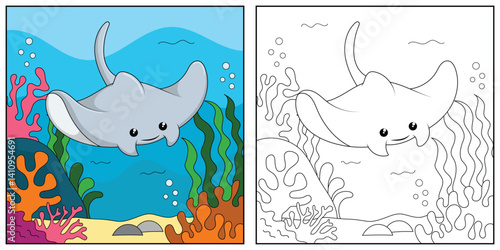 cute cartoon manta, funny illustration, coloring book for kids and children.