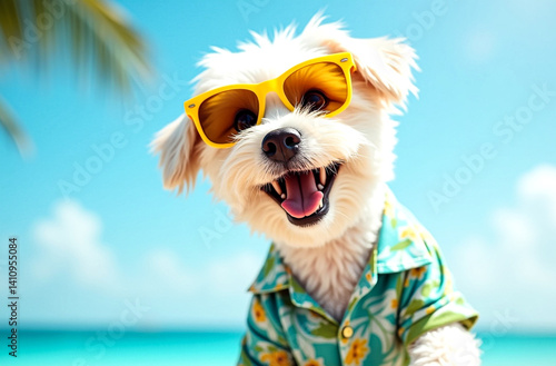 Wallpaper Mural Fun-loving beach dog rocking a red shirt and relaxing under the palm trees Torontodigital.ca