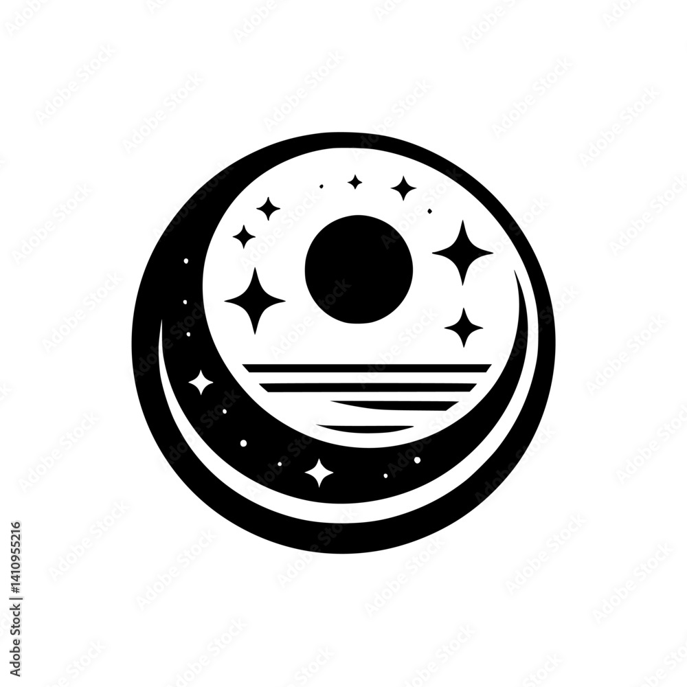 Fototapeta premium Celestial Circle: Moon, Sun, and Stars in Modern Minimalist Silhouette