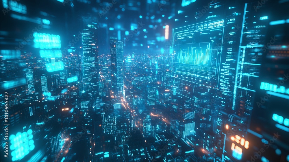 A futuristic cityscape overlaid with digital data streams. A futuristic cityscape overlaid with digital data streams.