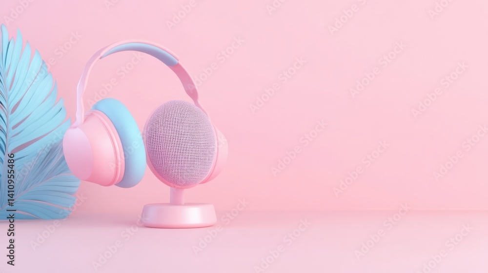 Pink and blue headphones on display stand Pink and blue headphones on display stand