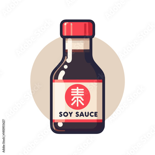 Chinese food icons: Classic bottle of soy sauce with a vibrant label and design elements