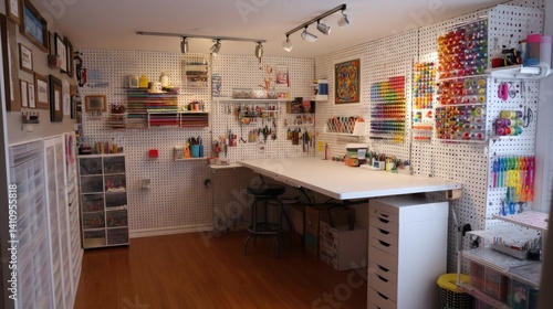 Colorful craft room with pegboards and folding work table 