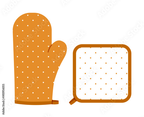 Oven Gloves Mitt and potholder cartoon sepia polka dot pattern Fashion hand accessory clothing technical illustration garment. Vector style flat template CAD mockup sketch outline on white background