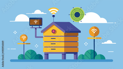 In case of hive theft the smart beehive has builtin alarms and tracking devices that alert the beekeeper and provide the hives current location for swift retrieval.. Vector illustration