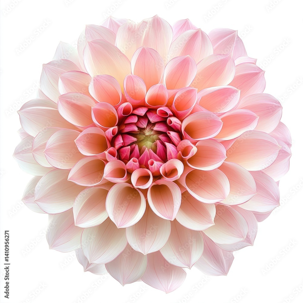 Peach and cream dahlia bloom, intricate layered petals, isolated on white Peach and cream dahlia bloom, intricate layered petals, isolated on white