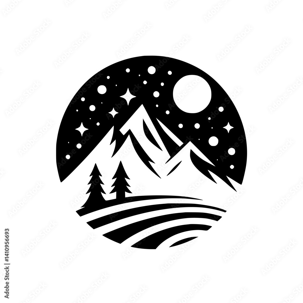 Obraz premium Black & White Mountain Night Scene Circle Logo