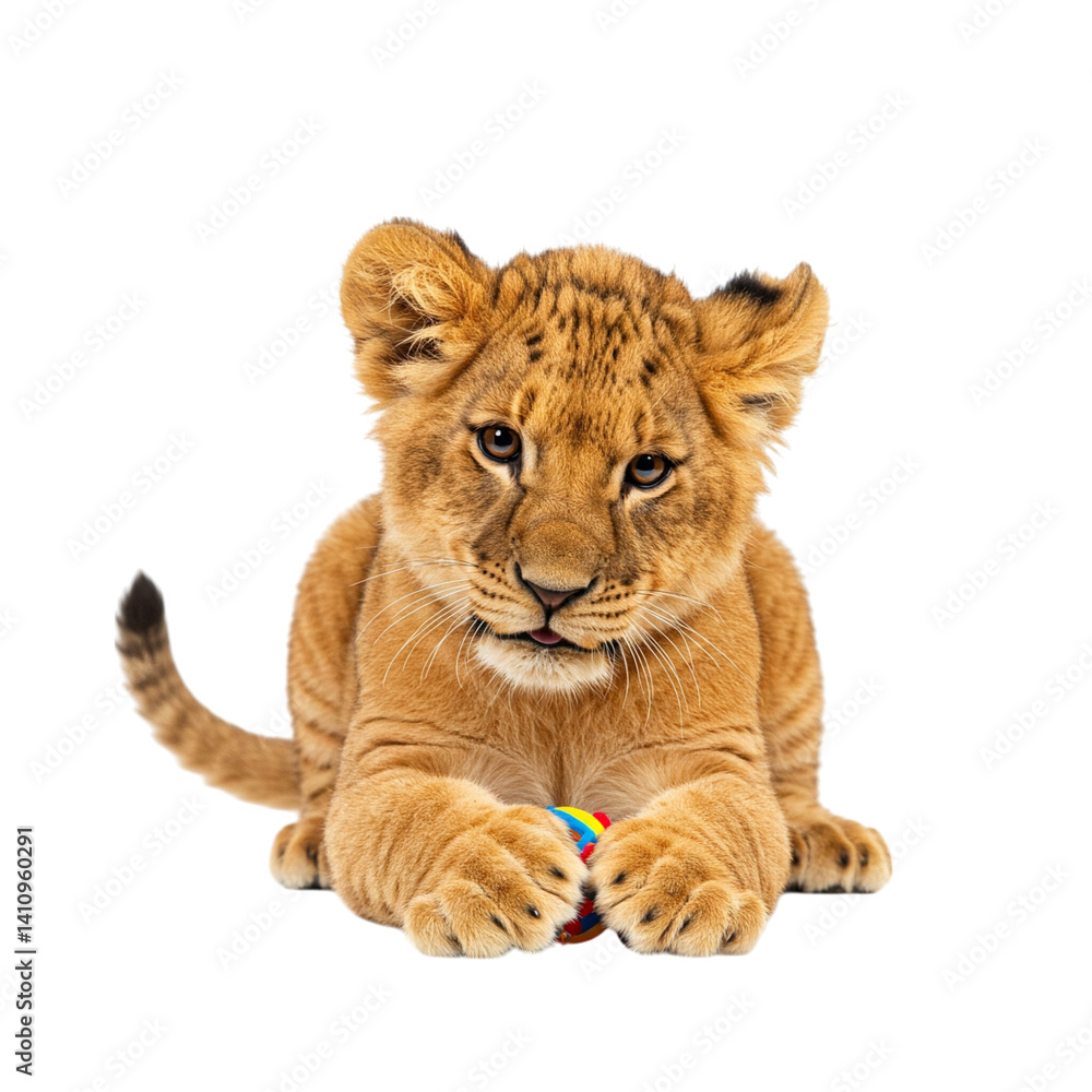 A playful lion cub batting at a colorful toy, its amber eyes sparkling with innocent curiosity against a stark white background. A playful lion cub batting at a colorful toy, its amber eyes sparkling with innocent curiosity against a stark white background.