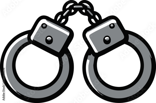 Gray cartoon handcuffs with chain against a white background illustration. Vector illustration