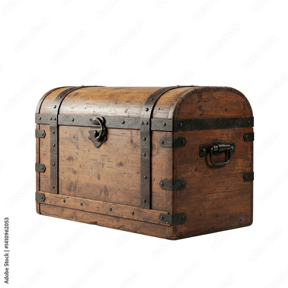 A weathered wooden treasure chest, hinting at forgotten voyages and untold stories, secured with sturdy iron bands against a stark white background. A weathered wooden treasure chest, hinting at forgotten voyages and untold stories, secured with sturdy iron bands against a stark white background.