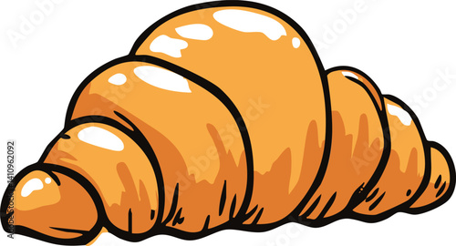 Golden brown croissant clipart with shiny highlights and cartoon style. Vector illustration