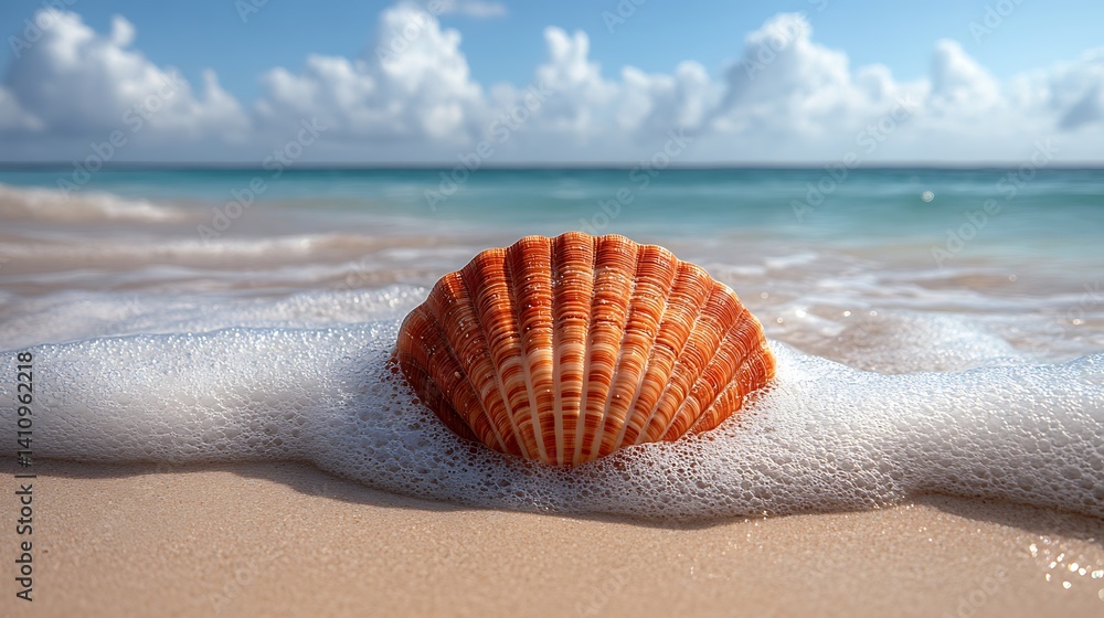 Seashell on Beach, Ocean Waves