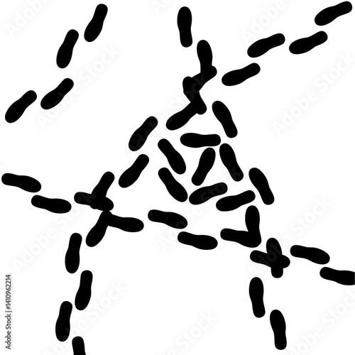 Vector silhouette of human footprints walking irregularly. Black footprints appear from all directions on a white background.