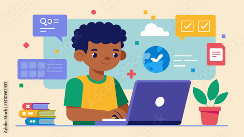 A teenager scrolling through the ScratchJr online community inspired by the amazing projects created by other young coders.. Vector illustration