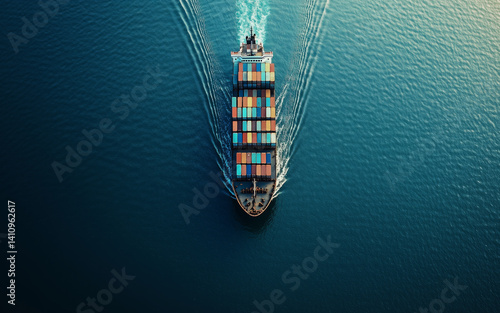 Aerial view of cargo ship with colorful containers on open sea
