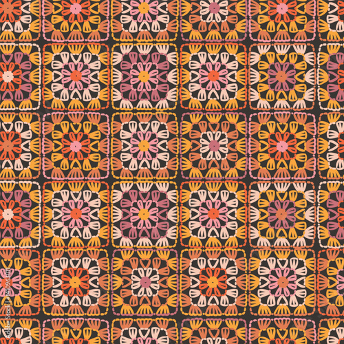 Crochet vector background. Multicolored abstract seamless pattern. Lace texture. knitted by hand or machine. Granny and cottage core allover print for fabric, wrapping paper, textile, ads