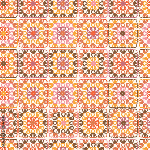 Crochet vector background. Multicolored abstract seamless pattern. Lace texture. knitted by hand or machine. Granny and cottage core allover print for fabric, wrapping paper, textile, ads