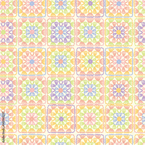Crochet vector background. Multicolored abstract seamless pattern. Lace texture. knitted by hand or machine. Granny and cottage core allover print for fabric, wrapping paper, textile, ads