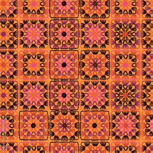 Crochet vector background. Multicolored abstract seamless pattern. Lace texture. knitted by hand or machine. Granny and cottage core allover print for fabric, wrapping paper, textile, ads