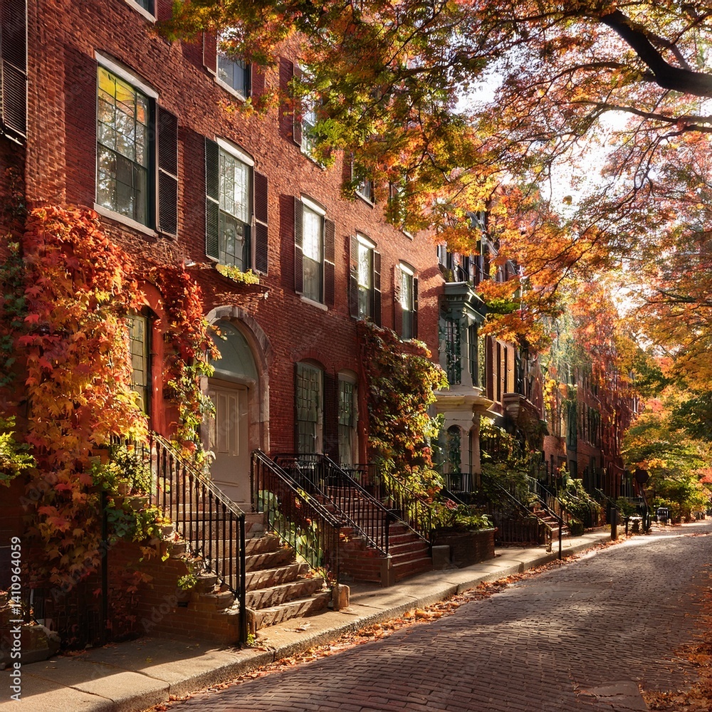 Fototapeta premium Cozy Boston street in autumn—red-brick brownstones, golden sunlight, swirling leaves, wild grapevines, and a soft breeze capture urban charm and seasonal warmth.