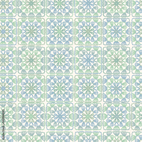 Crochet vector background. Multicolored abstract seamless pattern. Lace texture. knitted by hand or machine. Granny and cottage core allover print for fabric, wrapping paper, textile, ads