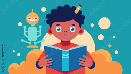 A child reading a book about the history and development of artificial intelligence engrossed in the fascinating story.. Vector illustration