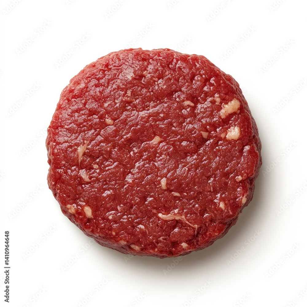 Raw, round beef patty ready for grilling Raw, round beef patty ready for grilling