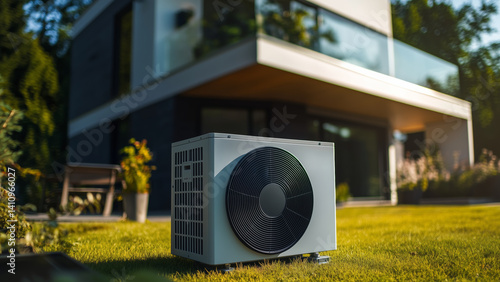 Modern heat pump unit outside contemporary house, sustainable energy system
