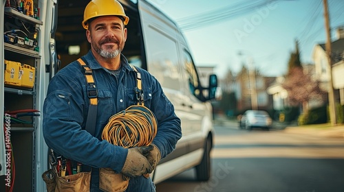 A smiling electrician stands by his van, holding a coil of wire.
