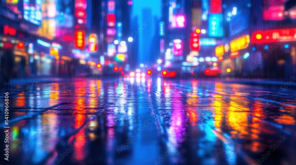 Obraz premium Vibrant city lights reflected on a rain slicked street at night