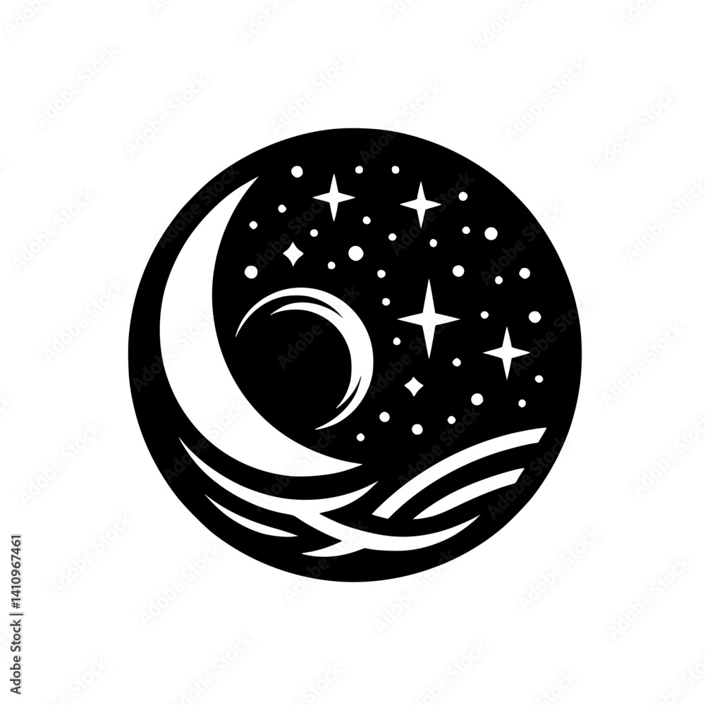 Obraz premium Celestial Circle: Crescent Moon, Stars, & Waves Illustration