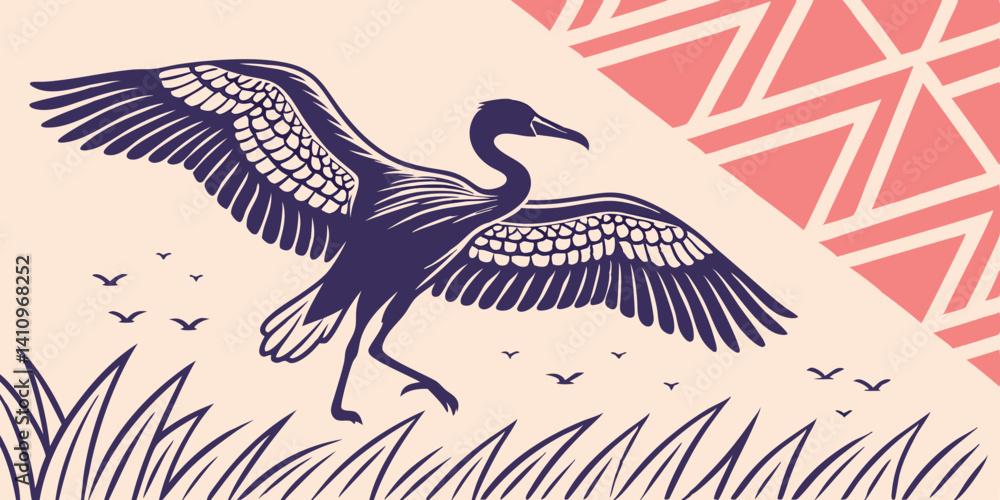 Fototapeta premium Elegant Crane Bird Illustration Wings Spread Wide in a Geometric Patterned Landscape