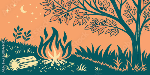 Nighttime Campfire Scene Tranquil Forest Illustration