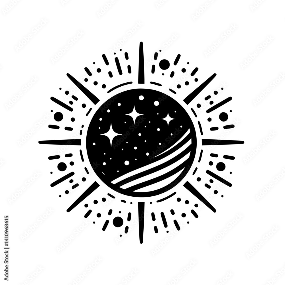 Celestial Globe with Stars and Sunburst - Minimalist Illustration