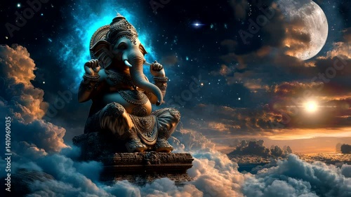 Celestial Elephant God Resting on Clouds Over Midnight Pink-Blue Ocean. Seamless looping time-lapse virtual 4k video animation background