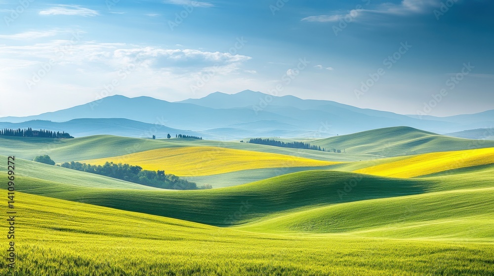 Fototapeta premium Rolling green hills meet vibrant yellow fields beneath a tranquil blue sky