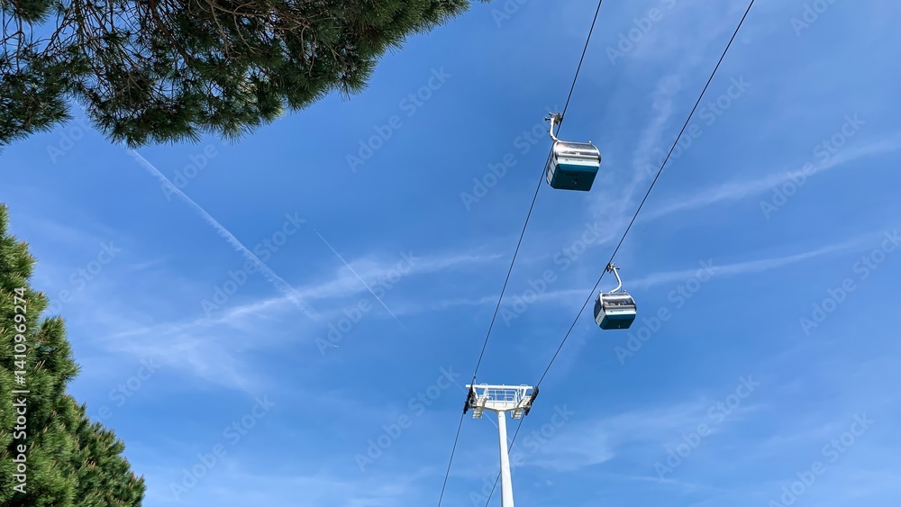 Cable cars soaring against bright blue skies, adventure travel concept, perfect for exploring and vacation inspiration Cable cars soaring against bright blue skies, adventure travel concept, perfect for exploring and vacation inspiration