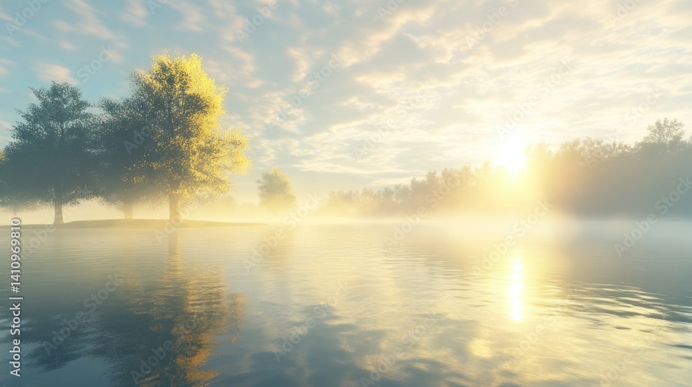 Fototapeta premium Tranquil lake at sunrise with mist, reflecting trees and golden light