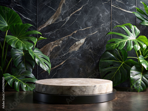 Modern Podium with Plants and Rocks
