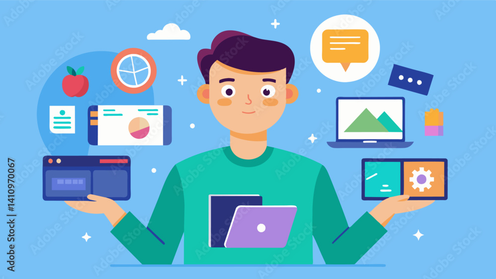 A student showcases their digital portfolio which includes a variety of multimedia projects they have created using various technologies.. Vector illustration A student showcases their digital portfolio which includes a variety of multimedia projects they have created using various technologies.. Vector illustration