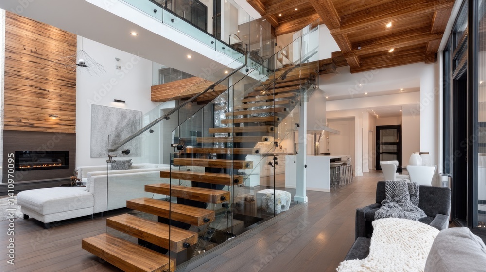 Floating wooden staircase with glass railing in open-plan home