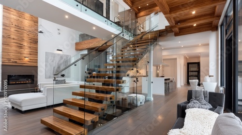 Floating wooden staircase with glass railing in open-plan home 